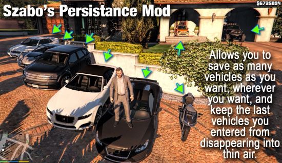 Szabo’s Persistance Mod — сохранение машин в любом месте на карте для GTA 5